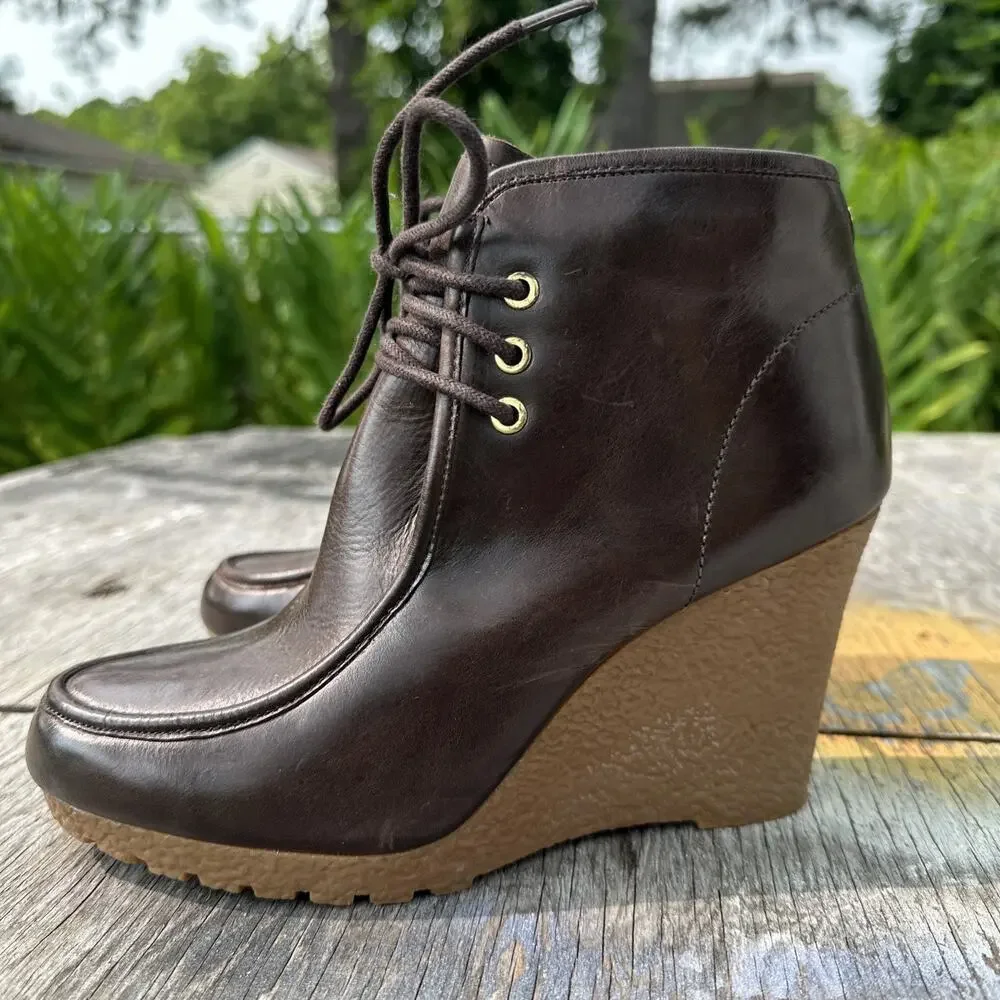 Michael Kors Rory Wedge Booties Brown Leather Ankle Chukka Boots Lace Up 8M 320